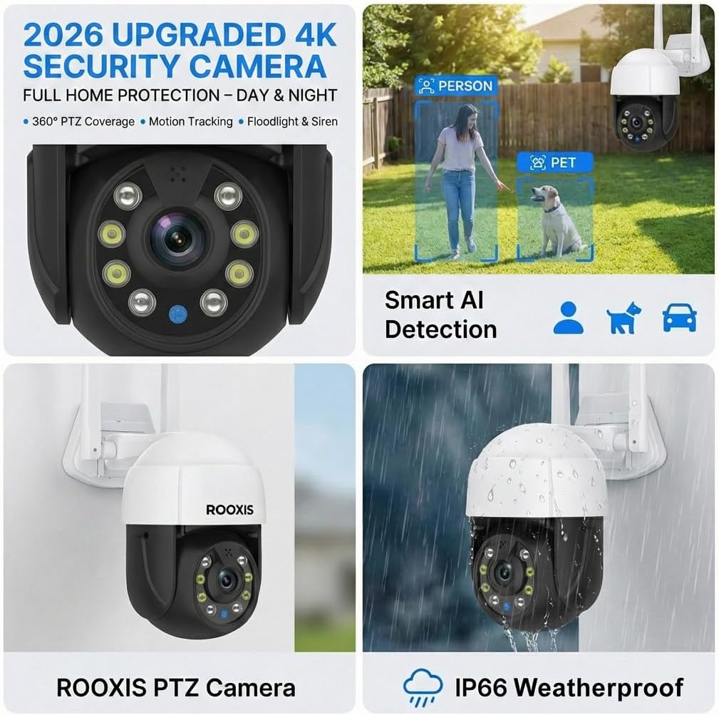 Wireless Outdoor Security Camera, 2026 Upgraded 4K WiFi Floodlight Camera with Siren, Color Night Vision, 360° PTZ, Motion Tracking & Patrol, 2-Way Audio, Alexa Compatible