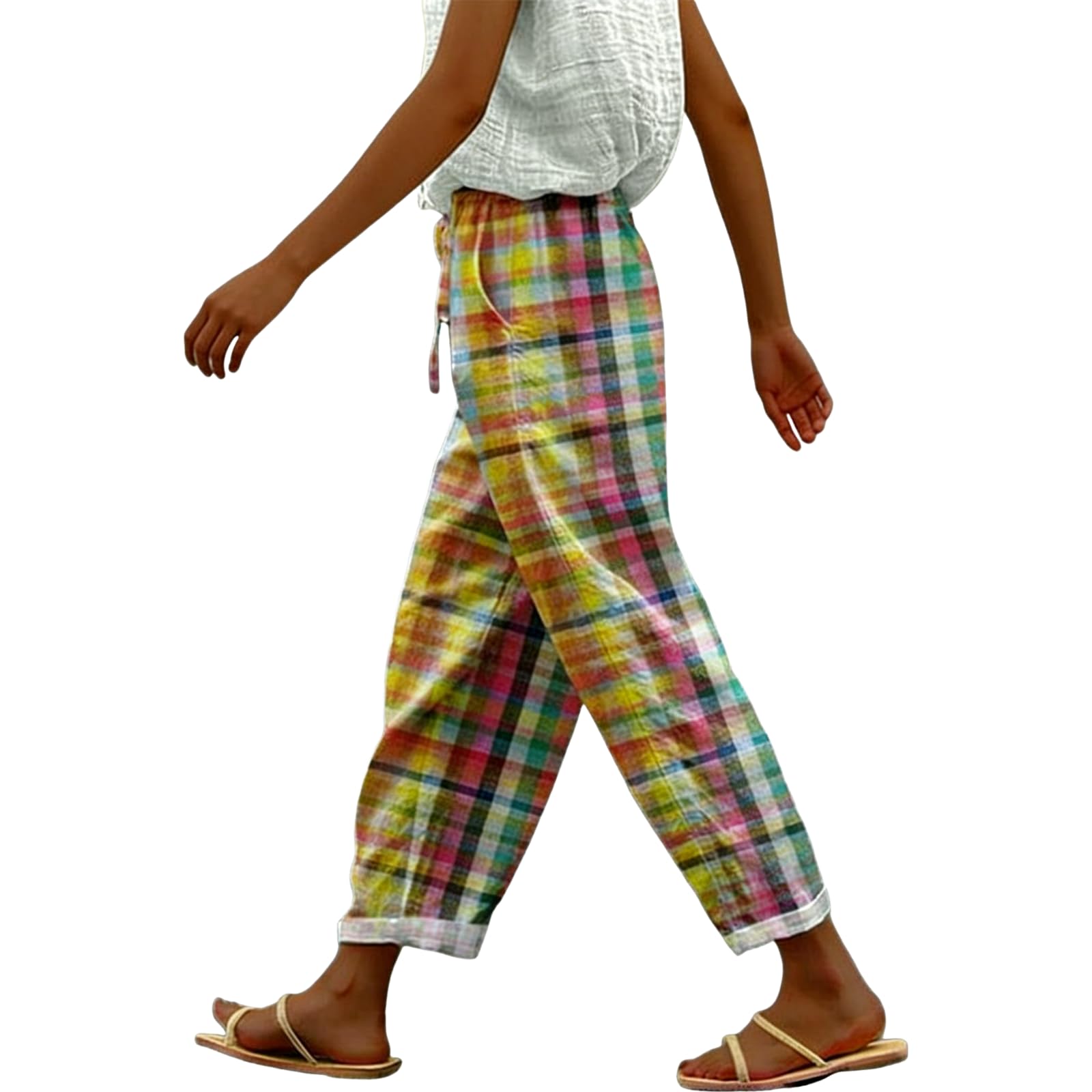 Womens Striped Gingham Harem Pants Summer Casual Loose Drawstring Plaid Trousers Beach Travel Bottoms with Pockets