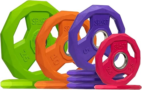 Miniatura 14 de SPART Placa de peso con código de color de 2 pulgadas, placa de agarre olímpico con revestimiento de goma para barra, placas de peso de hierro Juego