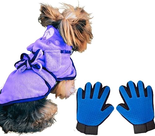 Toalla de baño con capucha para perro, paquete de aseo para perros con toalla de microfibra suave altamente absorbente y par de guantes de limpieza