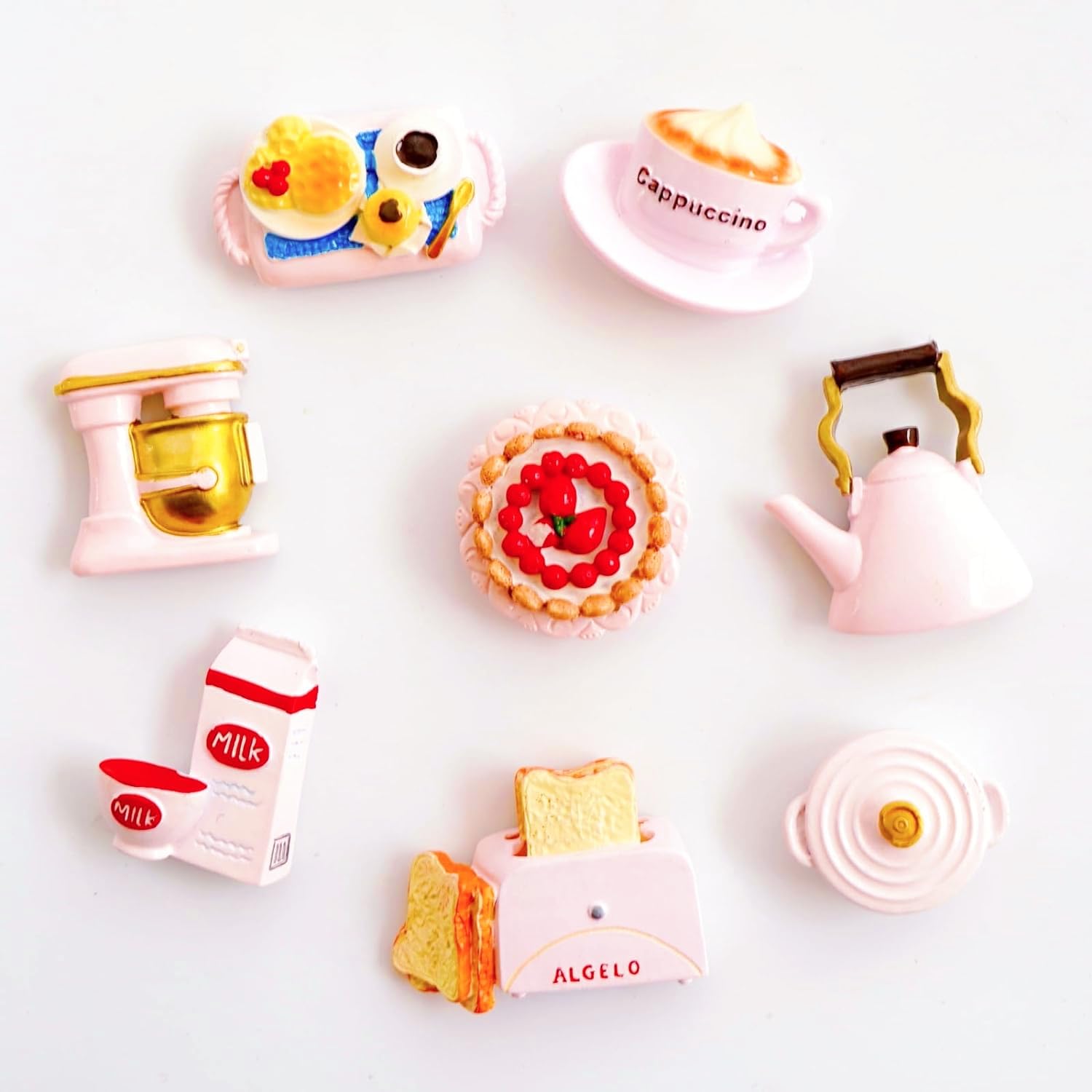8Pcs Pink Cute Fridge Magnets, Hand-Painted Resin Aesthetic Magnet for Refrigerator, Cute Kitchen Decor with Simulation Toaster/Kettle/Pot Design, Strong Magnetic Hold for Home/Office