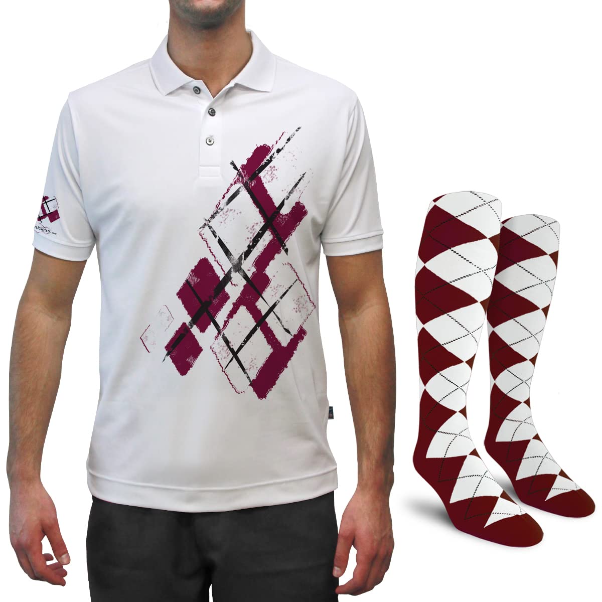 Dry Fit Graphic Golf Polo da uomo, ideale per lo sport e tutte le attività all'aria aperta, Argyle Utopia, Marrone/Bianco, Medium + Socks