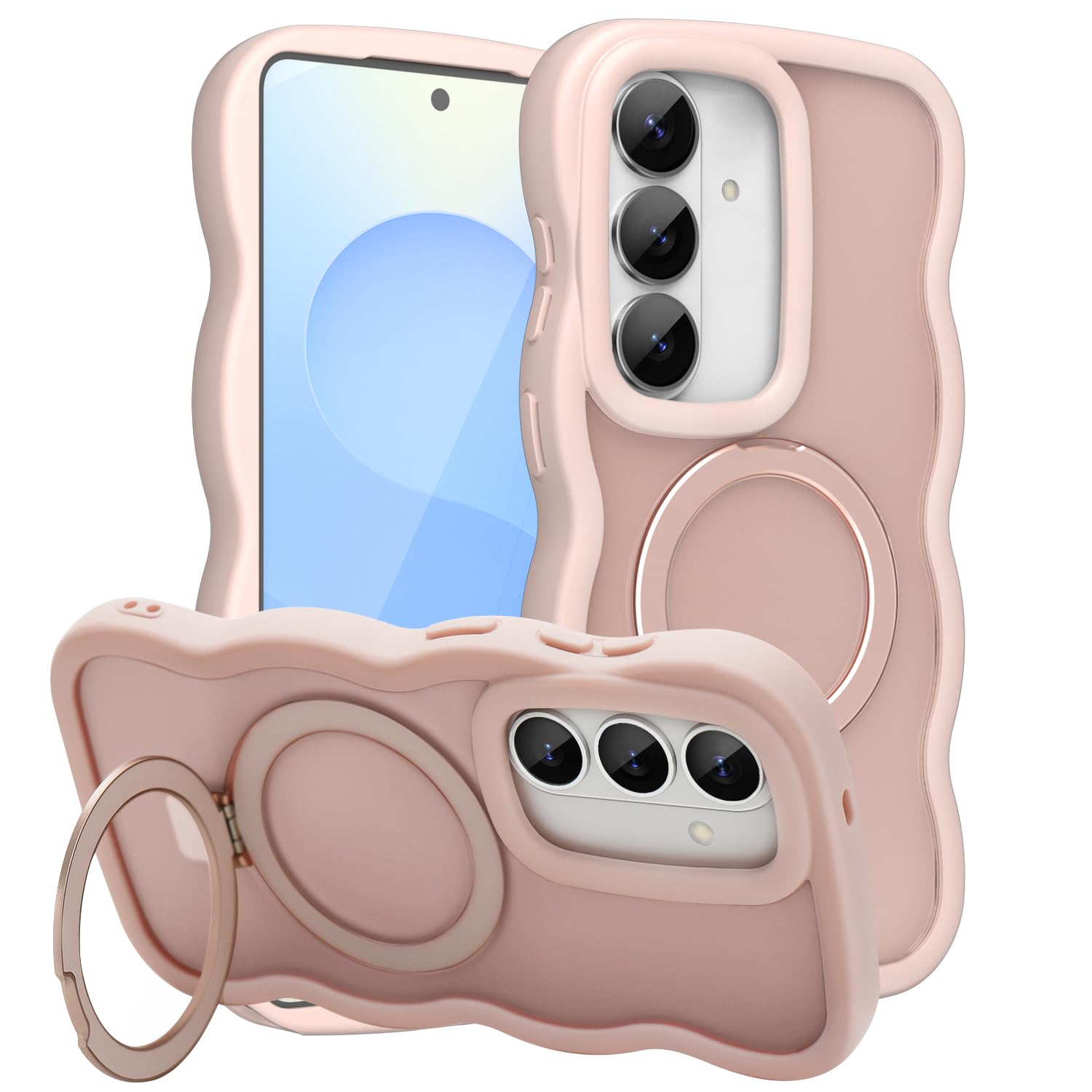 for Samsung Galaxy S26 Plus Case MagSafe Compatible Military-Grade Shockproof Protection Foldable Stand Wave Border with Ring Bracket Design, Translucent Phone Case for Women Men,Pink