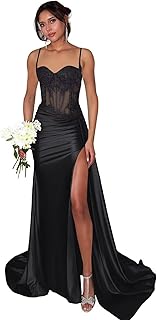 Lace Satin Prom Dresses for Women 2025 Long Mermaid Spaghetti Straps Corset Formal Evening Party Dress with Slit - Buy now