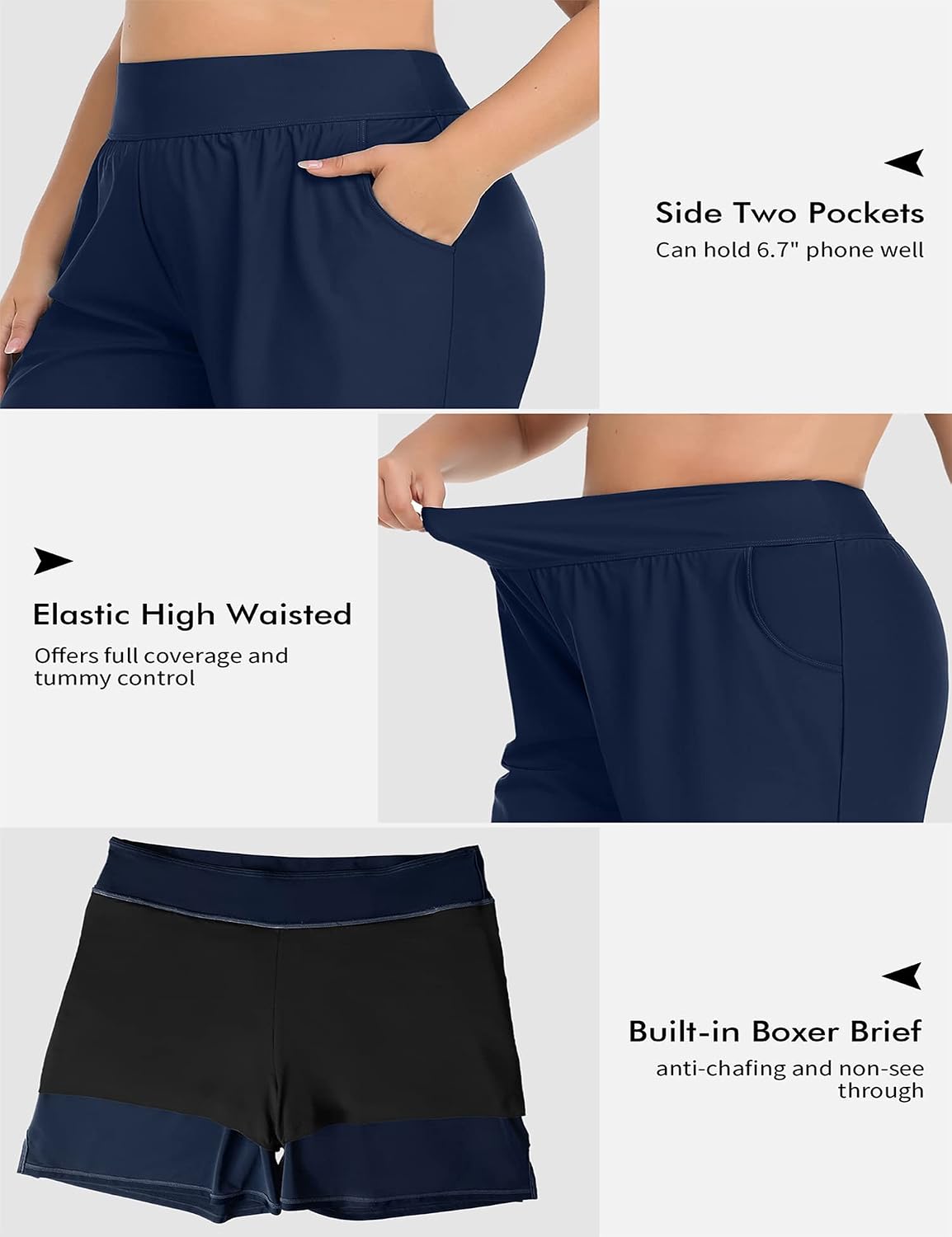 ANFILIA Plus Size Swim Shorts for Women High Waisted Board Shorts Tankini Swimsuit Bottom with Pockets