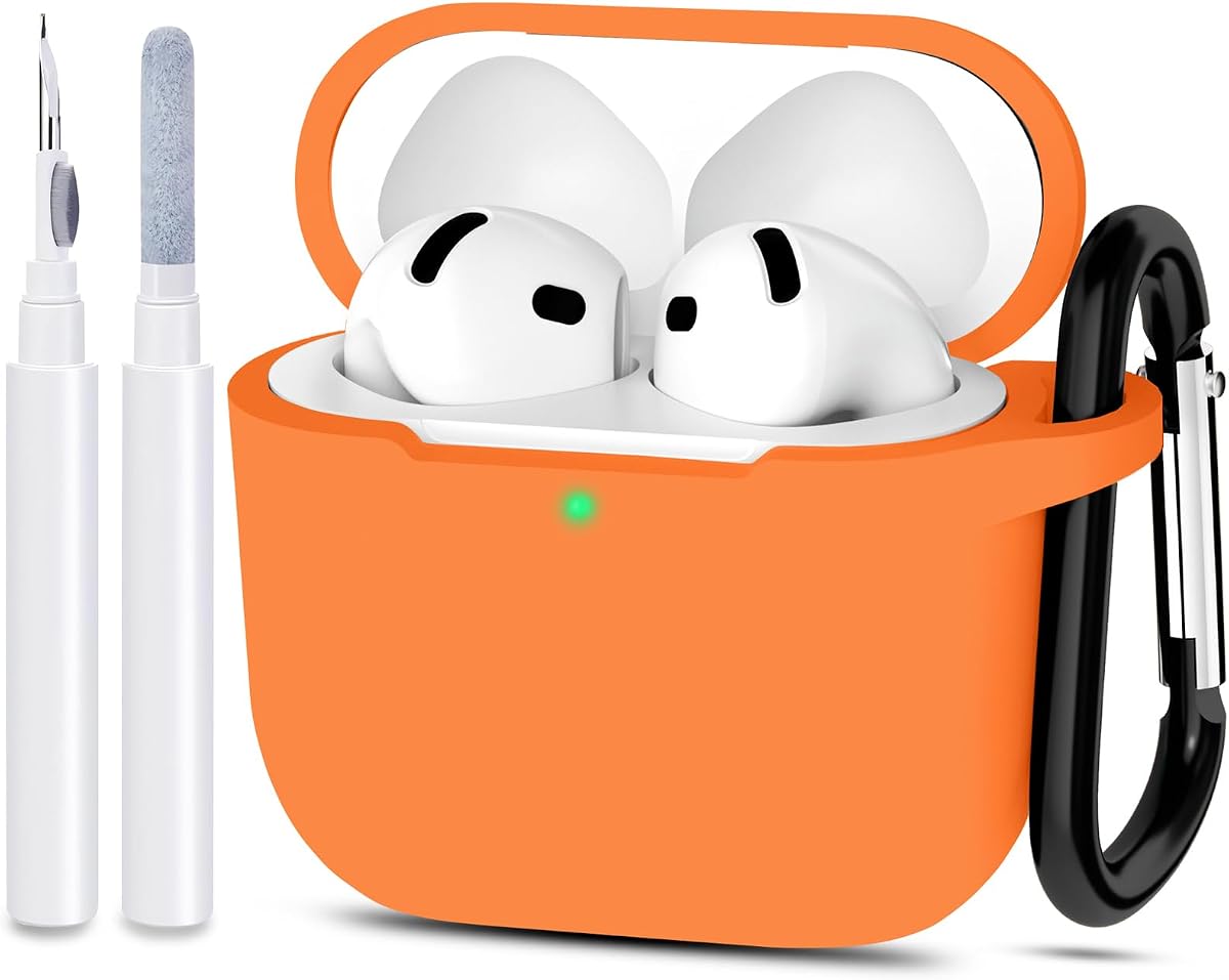 Compatible with AirPods 4 Case Cover, Protective Silicone Skin Accessories with Keychain for Women Men for Apple AirPods 4th Generation Case(2024), Front LED Visible, Orange