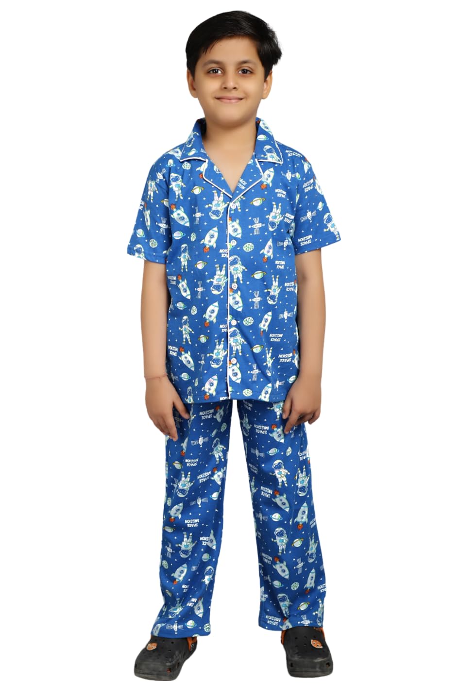 Ninos Dreams Space Mission Printed Collared Half Sleeves Boys Night Suit/Boys Night Dress Blue - Image 1