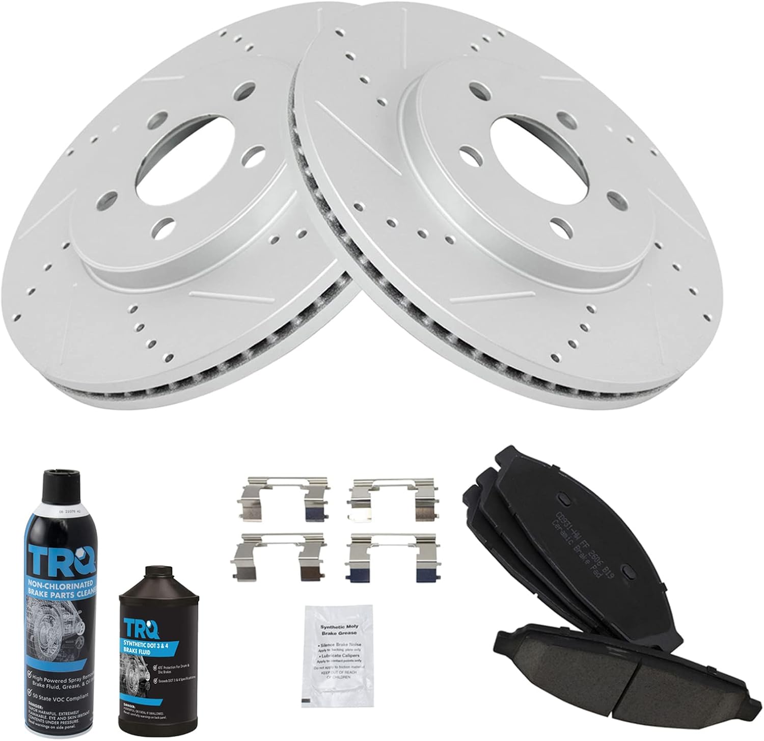 TRQ Front Brake Pad & Rotor Kit Performance Ceramic Premium G-Coated Slotted X Drilled Compatible with 2003-2011 Ford Crown Victoria Lincoln Town Car Mercury Grand Marquis 2003-2004 Marauder
