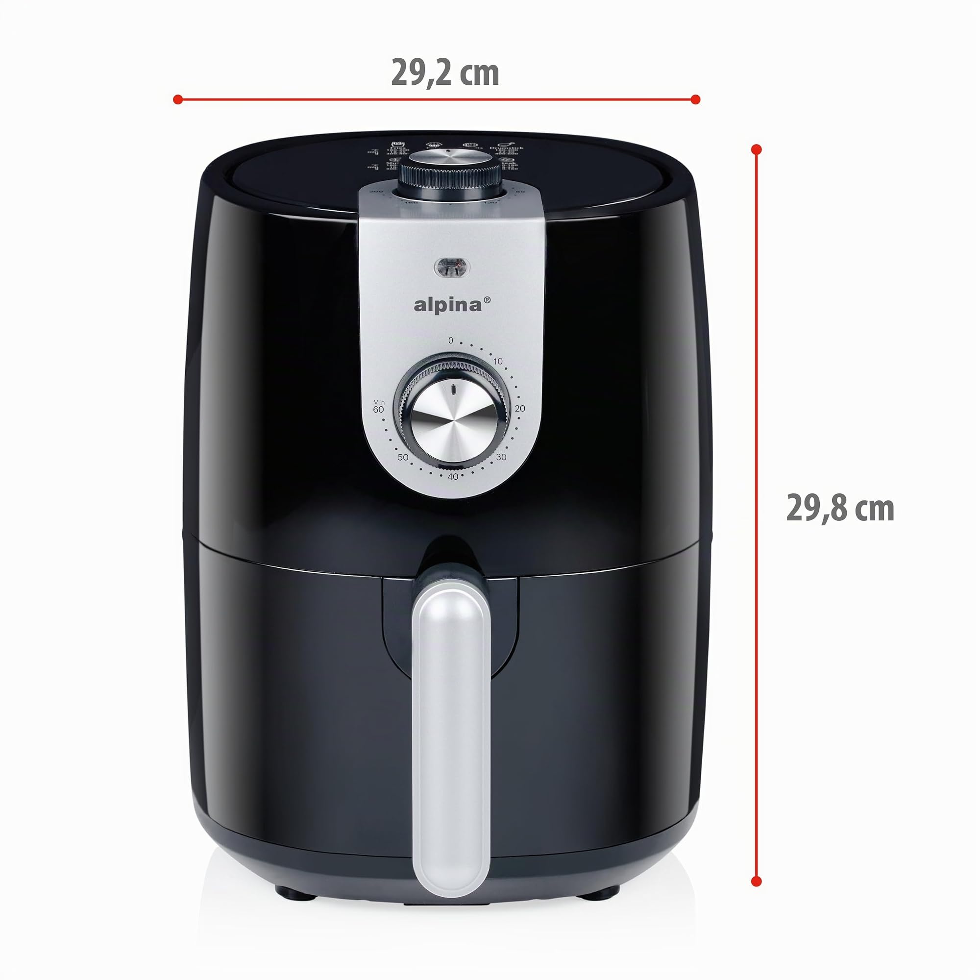 alpina Freidora Aire 2L - Air Fryer Adecuada para 2 a 3 Personas - Freidora sin Aceite con Temporizador y Temperatura Ajustable - Plástico - Negro