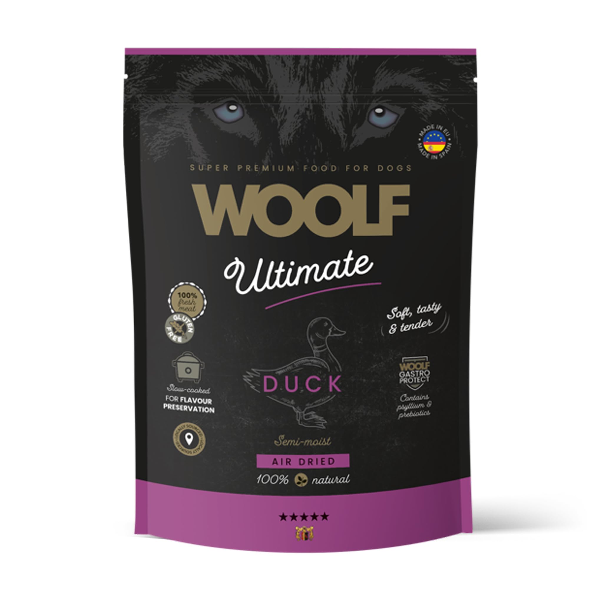WOOLF Semi-Moist Air-Dried Complete Dog Food 1kg - Natural Ingredients & High Meat Content, Slow-cooked to Preserve Flavour & Nutrition, Gluten-Free, Ideal for Sensitive Stomachs or as a Topper (Duck)