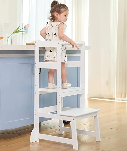 Miniatura 6 de Wiifo Taburete de cocina para niños pequeños, taburete de aprendizaje Montessori de altura ajustable, torre de pie para niños pequeños (blanco)