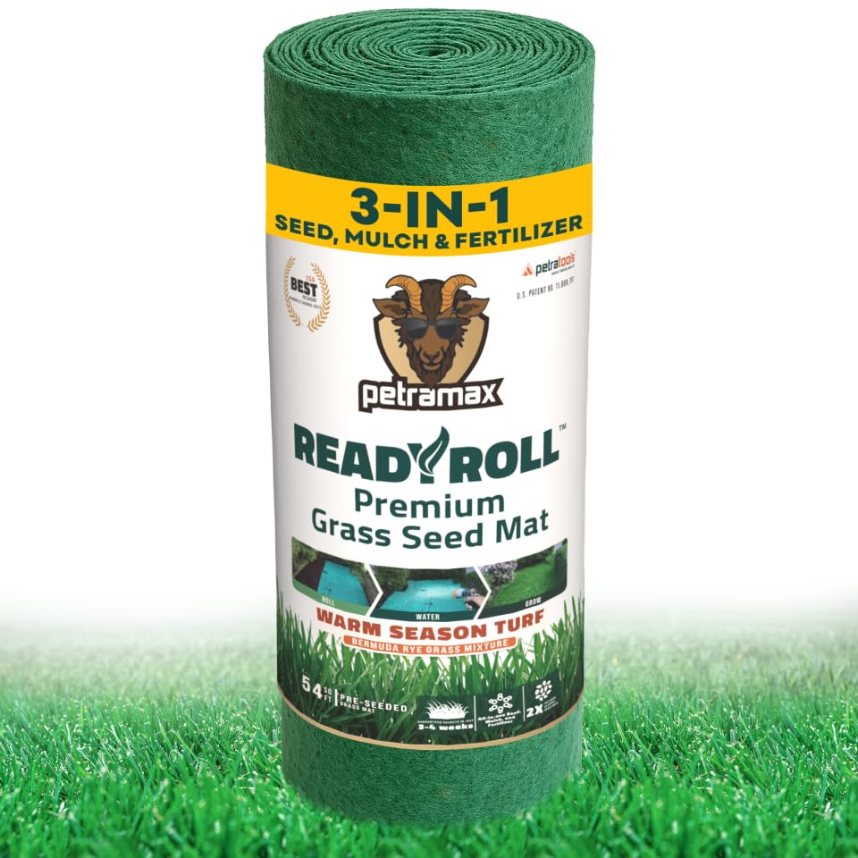 Petramax ReadyRoll Biodegradable Bermuda Grass Seed Mat for Southern Lawn 54 Sq ft. 3-in-1 Grass Seed Rolls w/Mulch & Fertilizer - Perennial Rye Tall Fescue Blend - Heat Tolerant Lawn Repair Patch