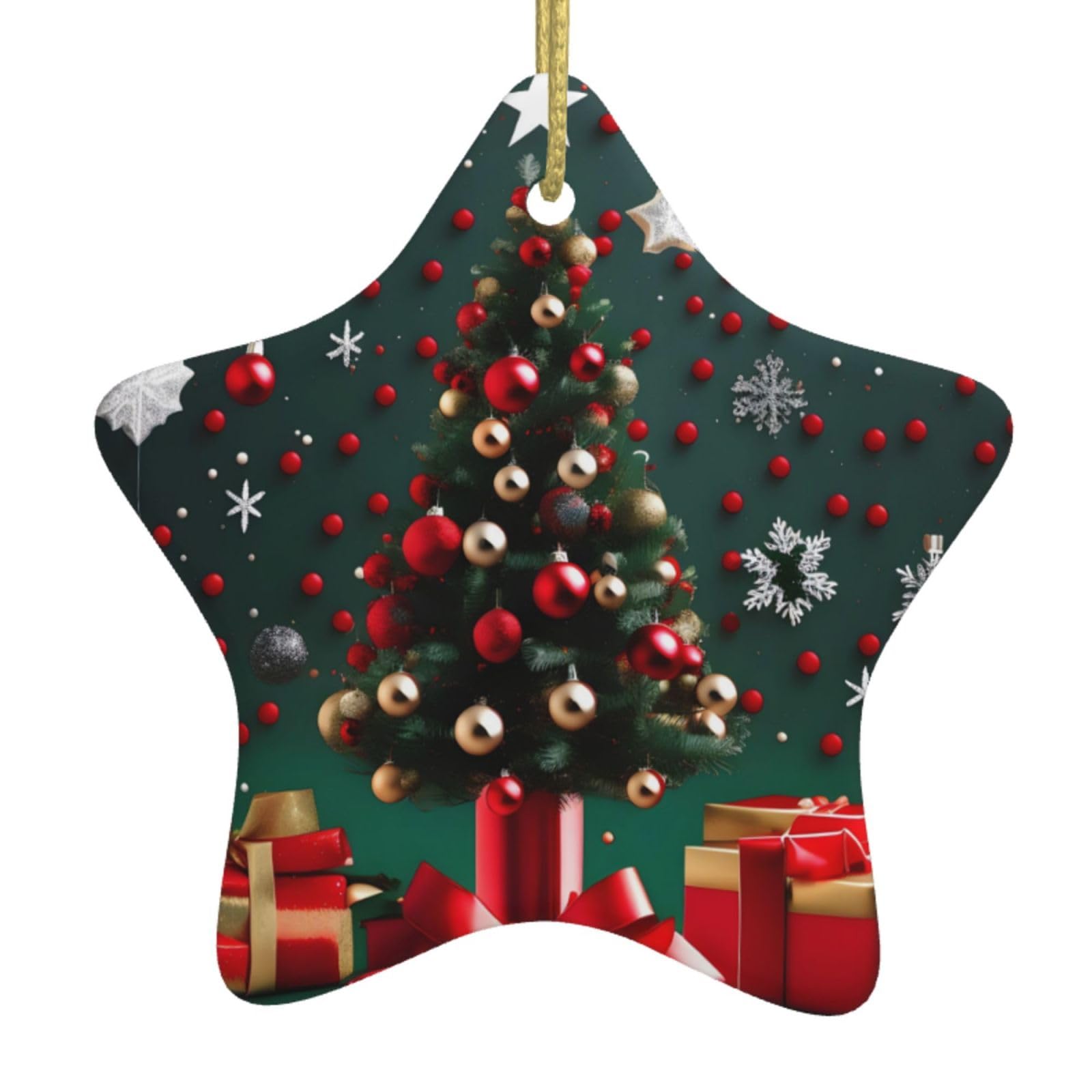 Round Ball Christmas Tree Christmas Ceramic Star Pendant with Punched Holes and Gold Wire Rope, Christmas Tree Home Decoration