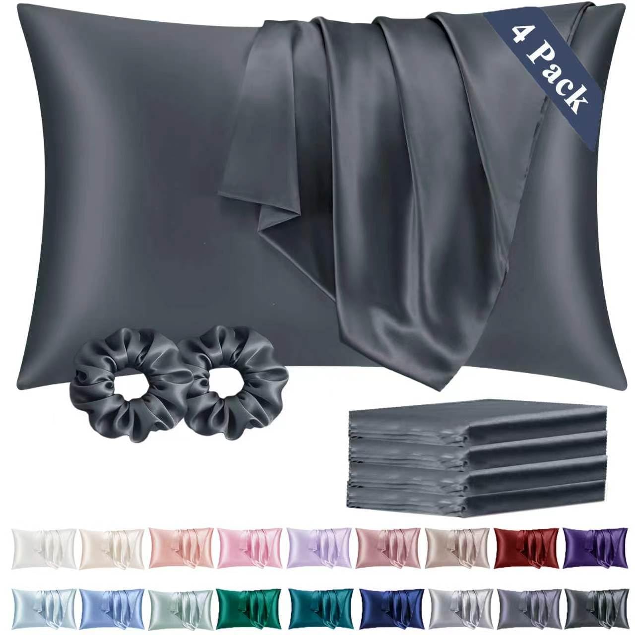 Vielit Queen Satin Pillowcase for Hair 4 Pack, Similar to Silk Pillow Cases, Easier Care Than Silk Pillowcase, Gifts for Women Men - Space Grey, 20x30 & Envelope Closure and 2 Satin Scrunchies — image 1