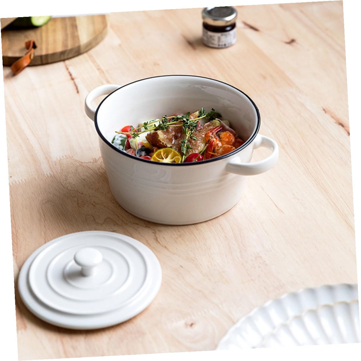 Bol Cerámico Doble Asa con Tapa Cuenco Desayuno para Sopa Arroz Ramen Ensalada y Postre Vajilla Resistente y Segura para Uso Diario