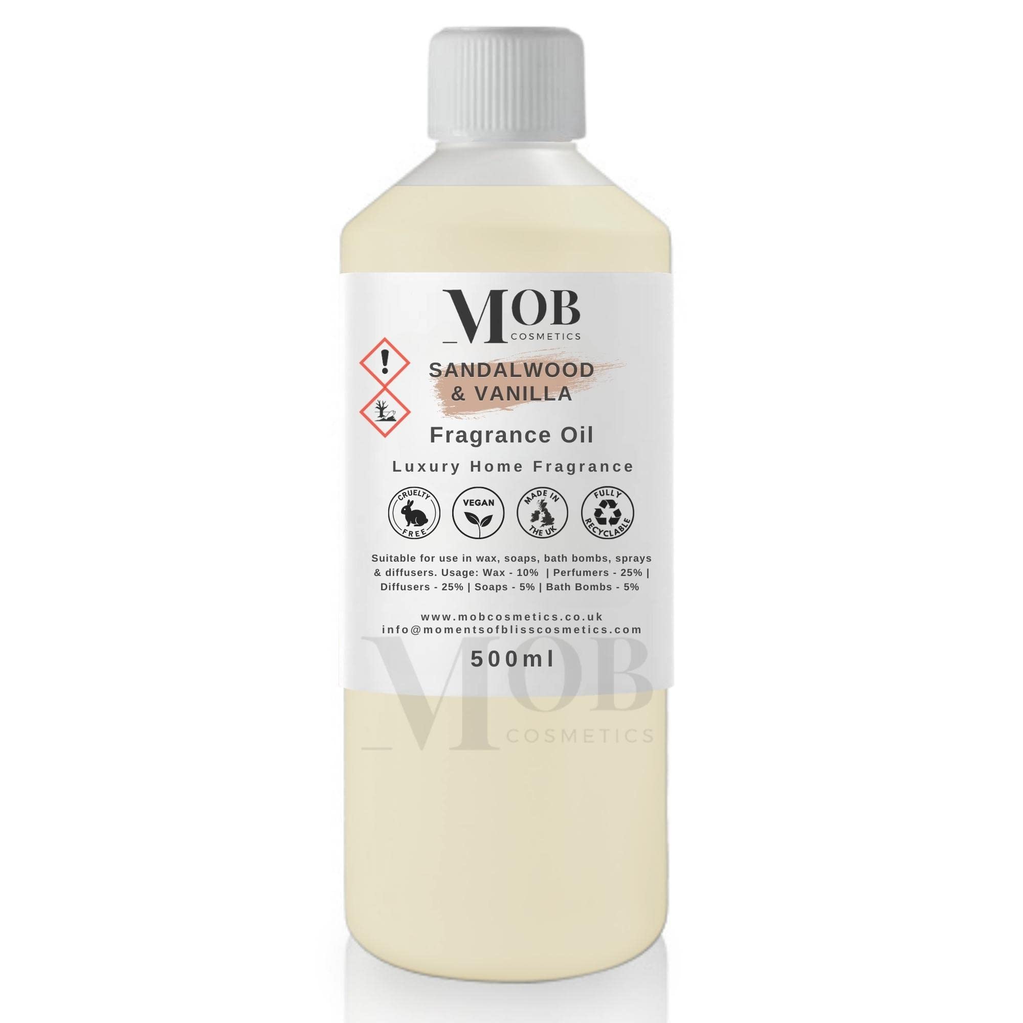 Sandalwood and Vanilla Luxury and Designer Fragrance Oil | Highly Concentrated | Perfect for Candles, Soaps, Bath Bombs, Diffusers, Wax Melts | UK Made | Vegan (Sandalwood and Vanilla, 500ml) — image 1