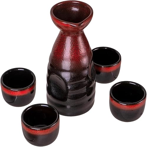 Miniatura 6 de Reactive Glaze - Juego de sake japonés Tokkuri, botella de 10 onzas líquidas con cuatro tazas de sake Ochoko de 2 onzas líquidas (rojo negro)
