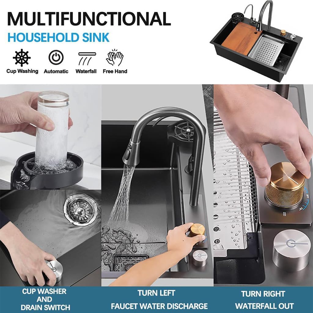 Black Stainless Steel Nano Undermount/Drop in Waterfall Single Bowl Kitchen Sink With Pull-Out Faucet,Knob Control Workstation Sink Cup Washer,Drainage Basket & Accessories (33.5 * 17.7 * 8.3in)