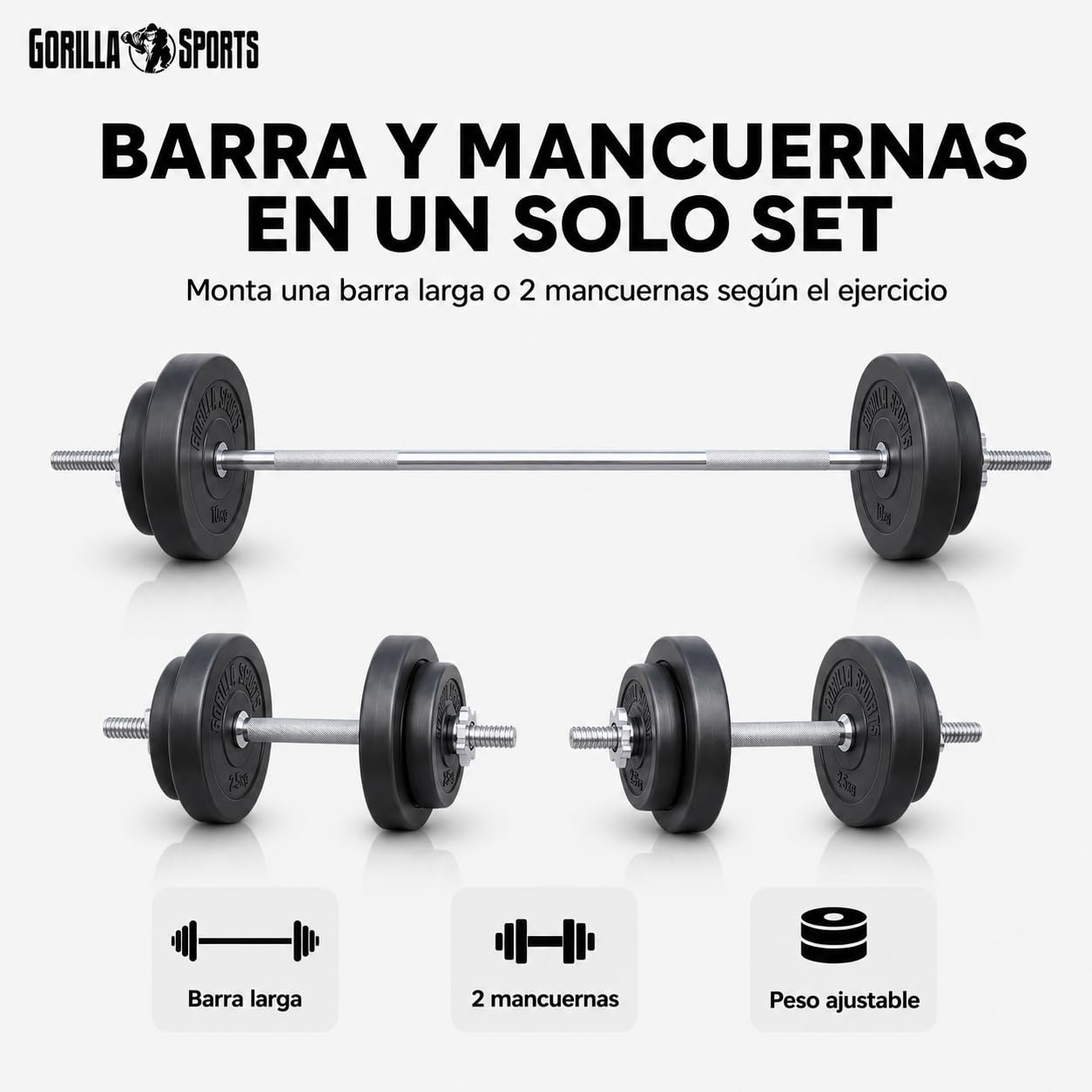 Gorilla Sports® Juego de mancuernas y discos – 60 kg, 100 kg o 130 kg, Ø 30 mm, barra 170 cm, con cierres, estriado, antideslizante, acero cromado – Mancuernas, gimnasio, entrenamiento, levantamiento