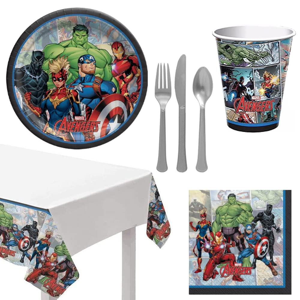Amscan Party Centre Avengers, Basic 57 Piece Tableware Supplies For 8 Guests, Includes Napkins, Plates, Cups, Cutlery And Tablecover