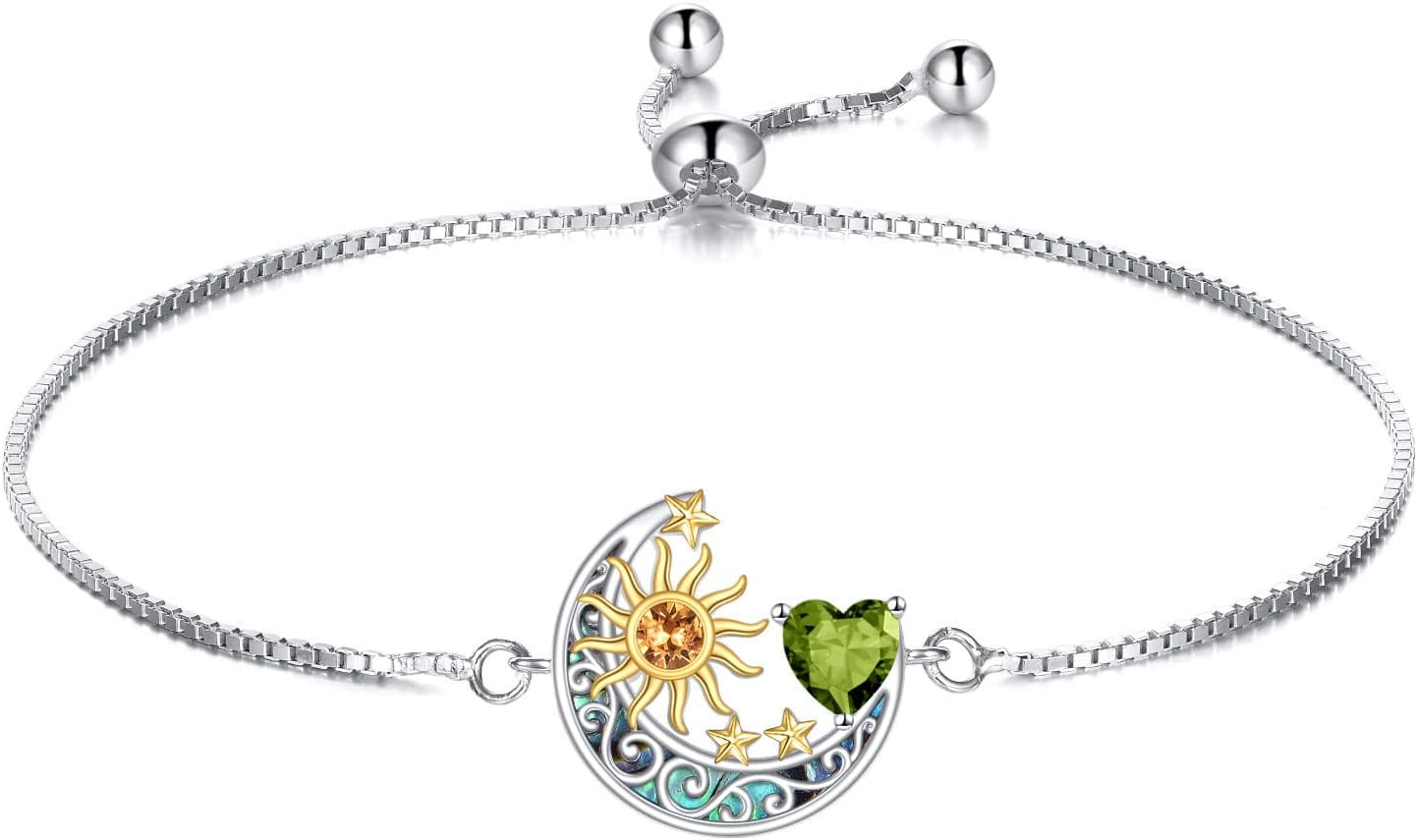925 Sterling Silver Moon and Sun Star Adjustable Link Bracelet for Women with 12 Month Birthstone Birthday Jewelry