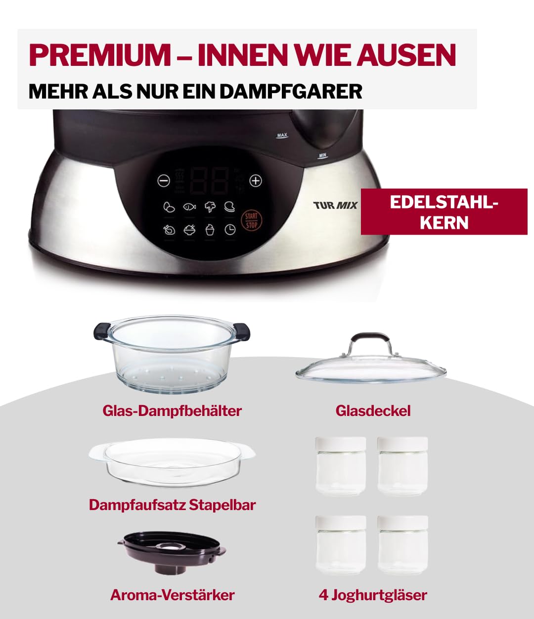 Turmix Steamer CX 220 Dampfgarer 5,2 L Glasbehälter Digitaldisplay Touch-Bedienung 900 W