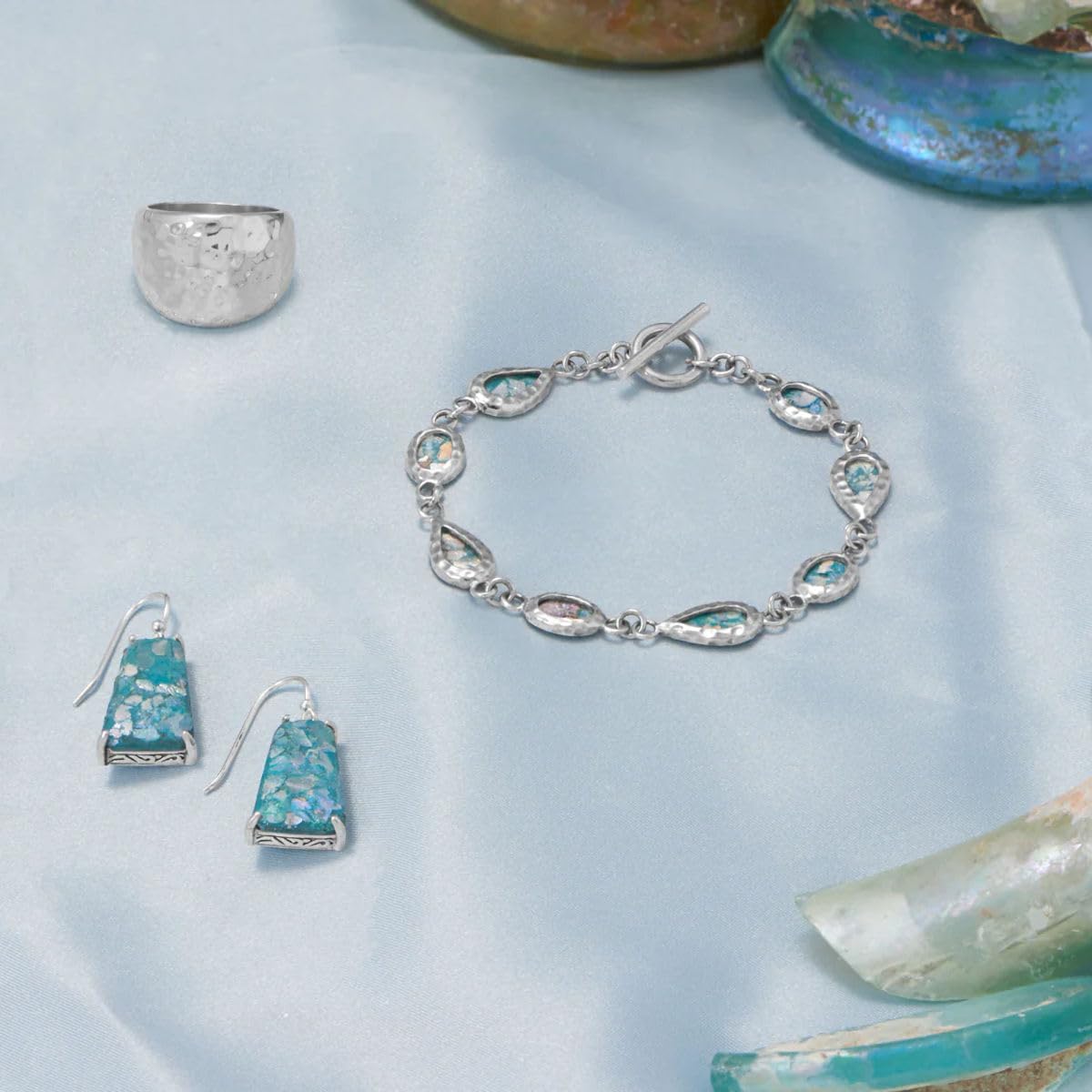 AzureBella Jewelry Ancient Roman Glass Bracelet with Pear and Oval Shape Toggle Sterlng Silver