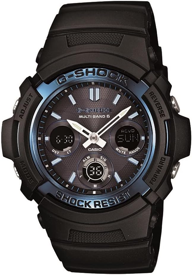 Orologio Casio G-Shock AWG-M100A-1ACR, frontale view, cinturino e cassa in resina nera con accenti blu sul quadrante.