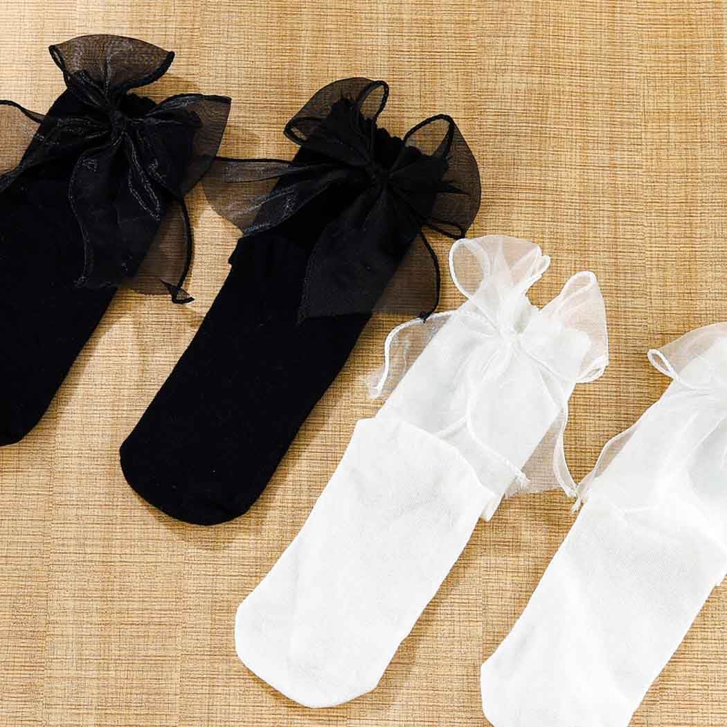 Bow Ruffle Socks Lolita Ankle Socks Frilly Ribbon Bow Socks White Dress Socks for Women 2 Pairs - Image 4
