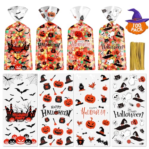 100 Pcs Halloween Treat Bags Happy Halloweens Goodie Bag Plastic Halloween Pumpkin Celloph - image 1