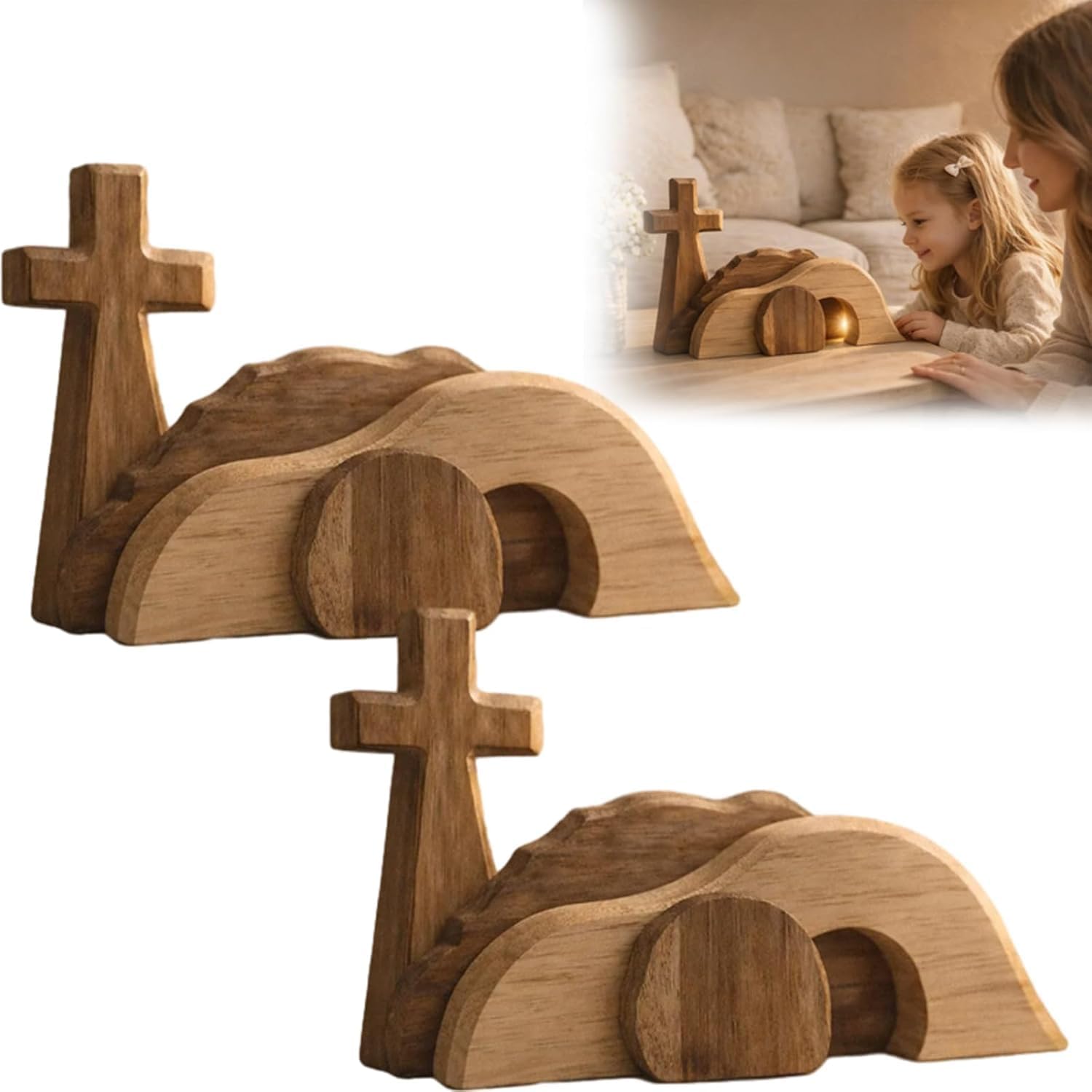 The Wooden Resurrection Cross & Empty Tomb, The Empty Tomb Easter Scene and Cross, Easter Scene Decor for Home Office Tabletop (2PCS)