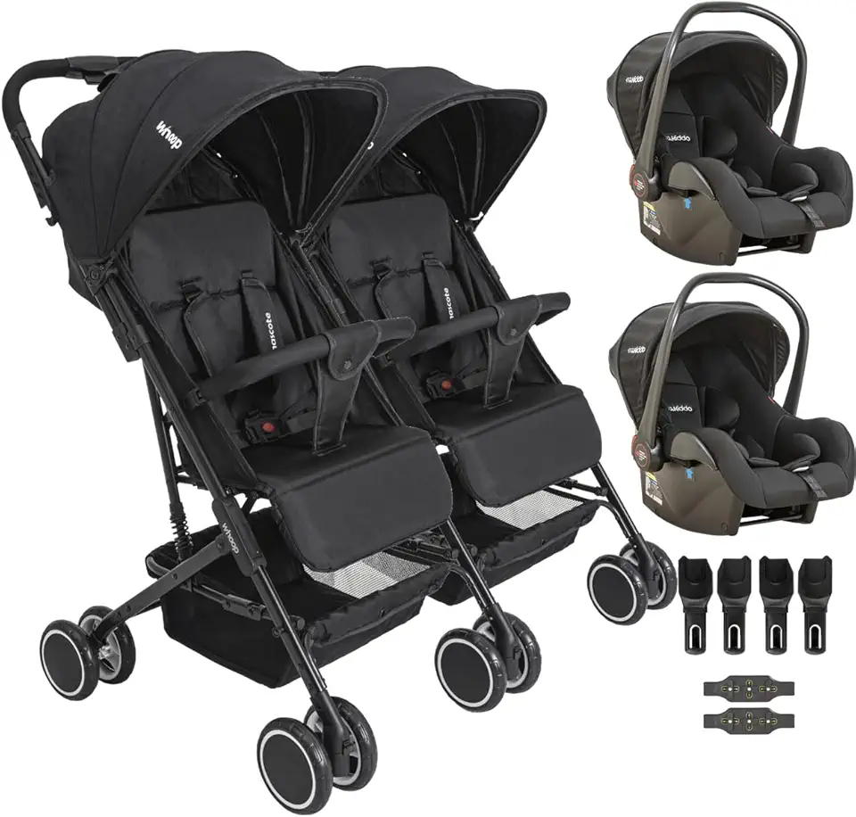 Carrinho Kiddo para Gemeos com 2 Bebe Conforto Mascote Preto