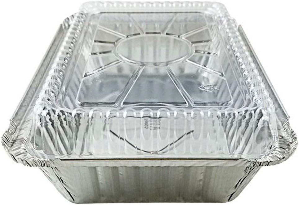 PACTOGO 2 1/4 lb. Oblong Deep Aluminum Foil Take-Out Pan with Clear Plastic Dome Disposable Containers 8.44" x 5.94" x 1.81" (Pack of 50 Sets)