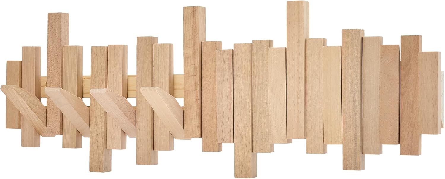 Natural Wood Wall Mounted Piano Coat Rack | Mounted Coat | Flip Up Wall Hook 6 Hooks | Entry Art Hooks in Walnut (Colorblock)