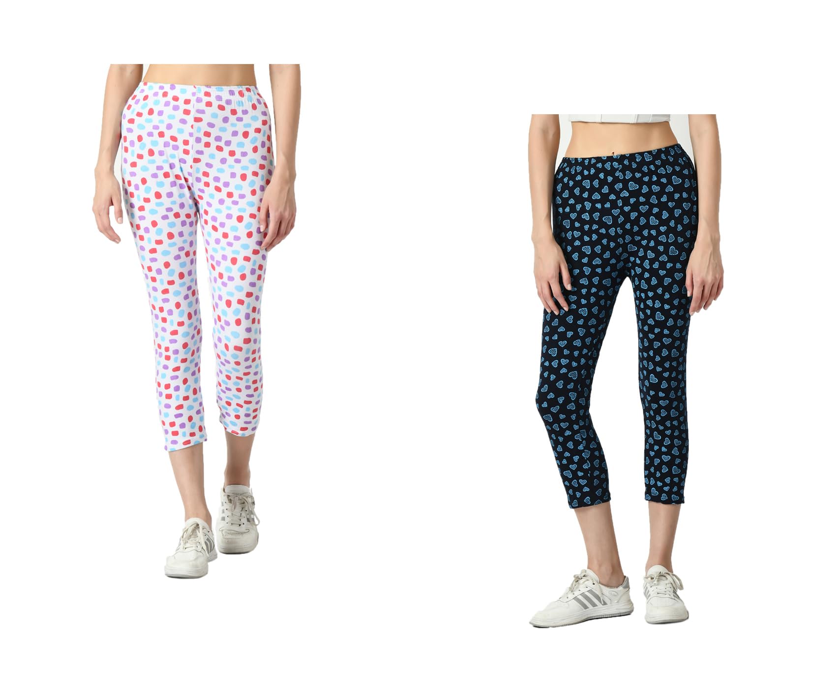 Womens Slim Fit Cotton Stretchable Printed Capri 3/4th Pants (Pack of 2) White,Black-image-36