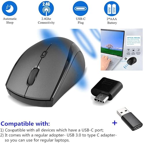Miniatura 10 de Huifen Mouse inalámbrico tipo C, mouse inalámbrico USB C para juegos 2.4 G, ergonómico silencioso con 3 niveles de DPI compatible con Samsung