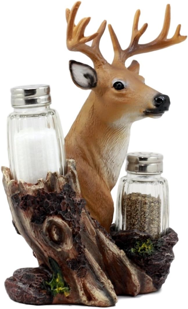 Ebros Gift Rustic 12 Point Whitetail Buck Deer Glass Salt & Pepper Shakers Holder Figurine Decor 8.25"H Deers Bucks Stags Hunters Cabin Cottage Lodge Home Decorative Accent