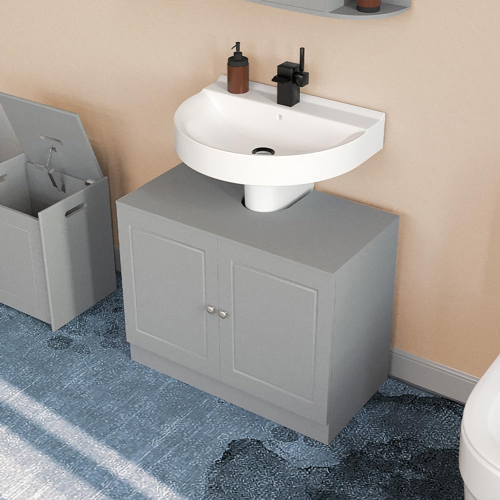 BAKAJI Mobile Sottolavabo da Bagno Linea Pietra in Legno MDF, Copricolonna con 2 Ante, Mobiletto Lavabo Moderno Salvaspazio, Armadietto da Terra per Lavandino Capiente, 55 x 66 x 37 cm (Grigio)