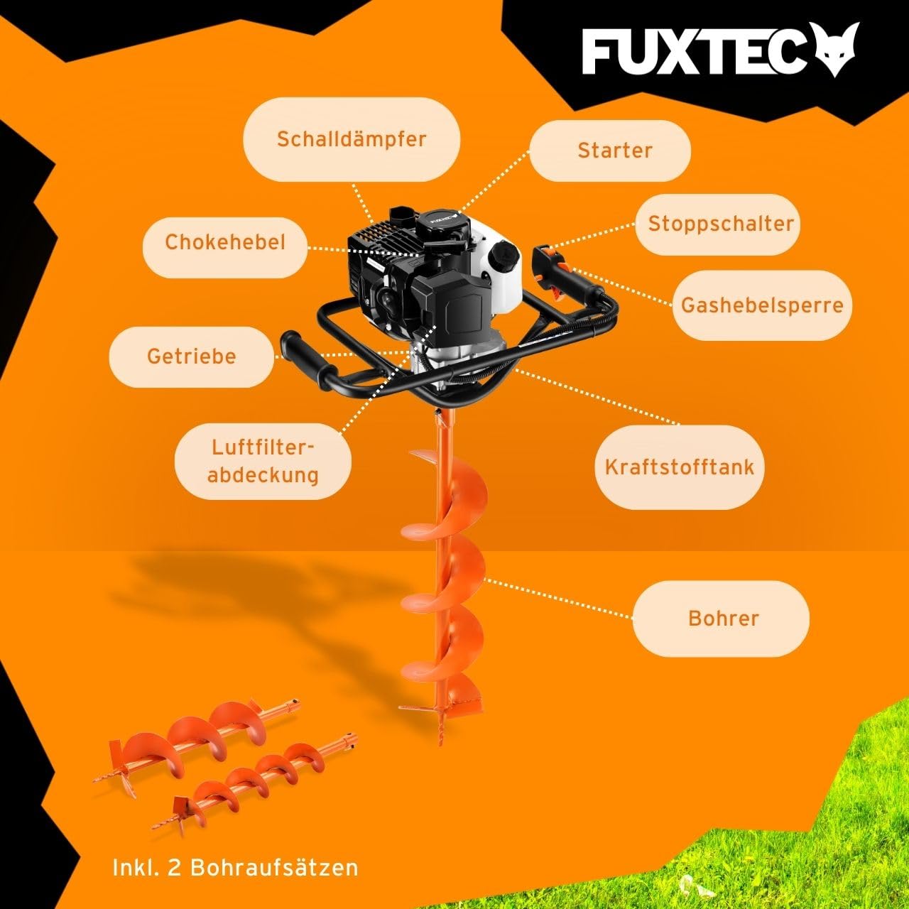 FUXTEC Benzin Erdbohrer FX-EB143ECO, Erdlochbohrer inkl. 2 Bohraufsätzen, 42,7 cm³ 2-Takt-Motor, 100/150 mm Bohrer, für Zaunbau, Garten & Fundament, Fliehkraftkupplung, ergonomisch, 8.5 kg
