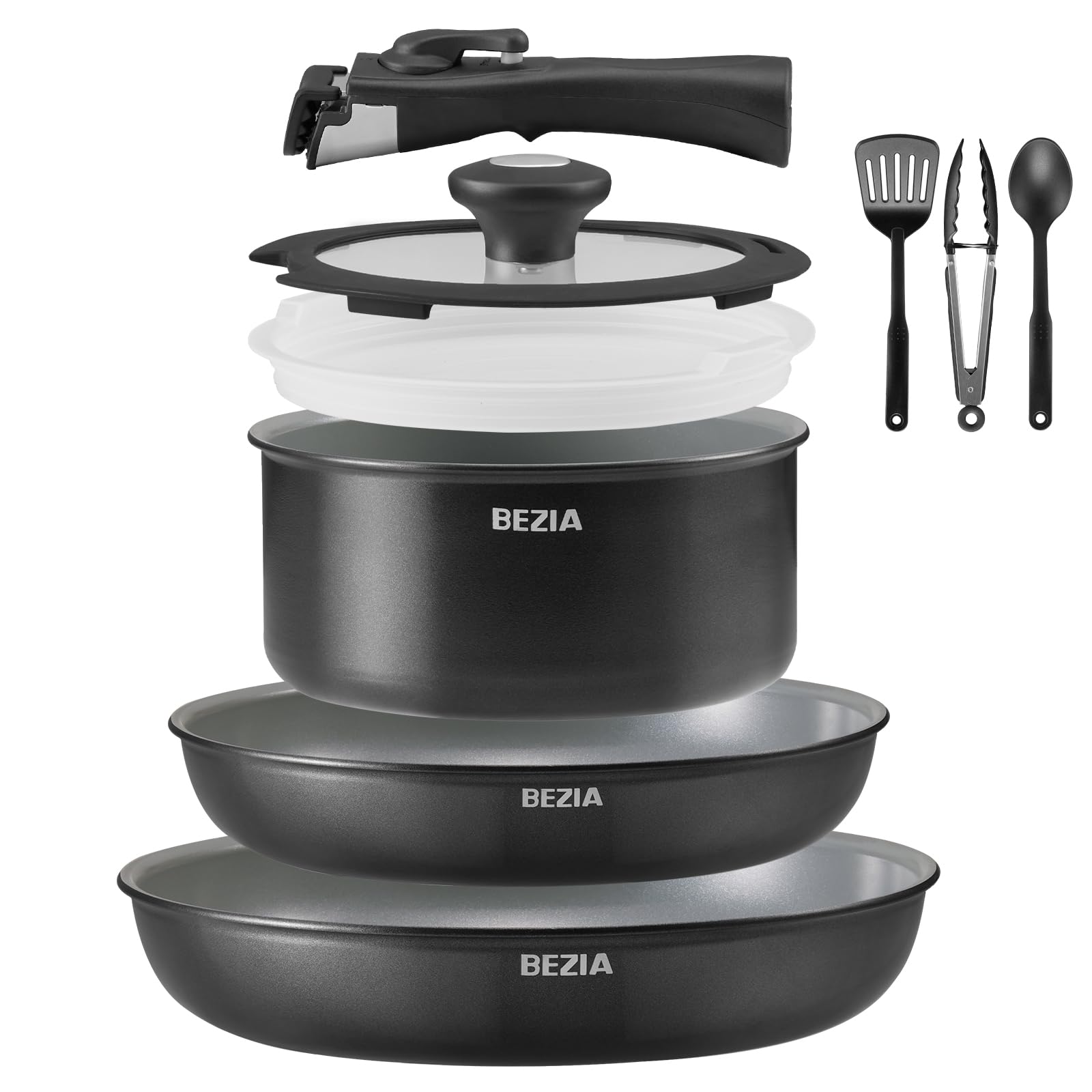 BEZIA Poêle en céramique avec poignée amovible – Set de 9 casseroles à induction antiadhésives avec couvercle, pour tous les types de cuisinières, casseroles empilables, passent au four et au