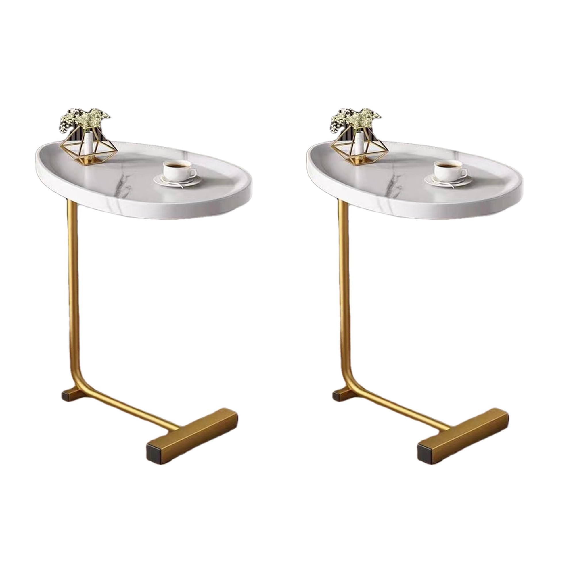 FocusOnHome C-Shaped End Table, Small Side Table for Couch, Sofa Table with Metal Frame TV Tray Table for Living Room, Bedroom, Bedside, White, 2-