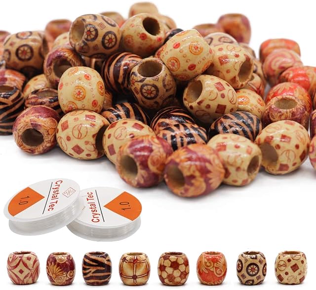 150Pcs Printed Wooden Beads with 2 Rolls Clear Stretch Thread,Mixed Pattern Round Wood Ball Beads,for DIY Bracelet Anklet Crafts Jewelry Hair Decoration