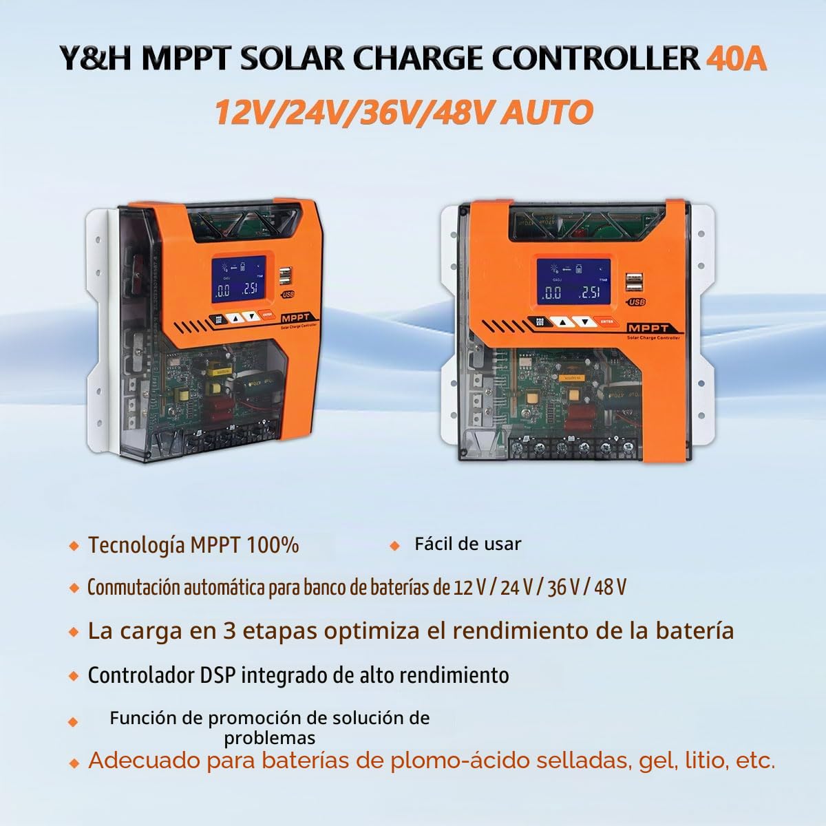 Y&H MPPT 40A Solar Charger Controller 12V 24V 36V 48V Battery Panel SolarPanel Regulador Max PV Input 150VDC Trabajo con AGM, Gel, Flooded y litio