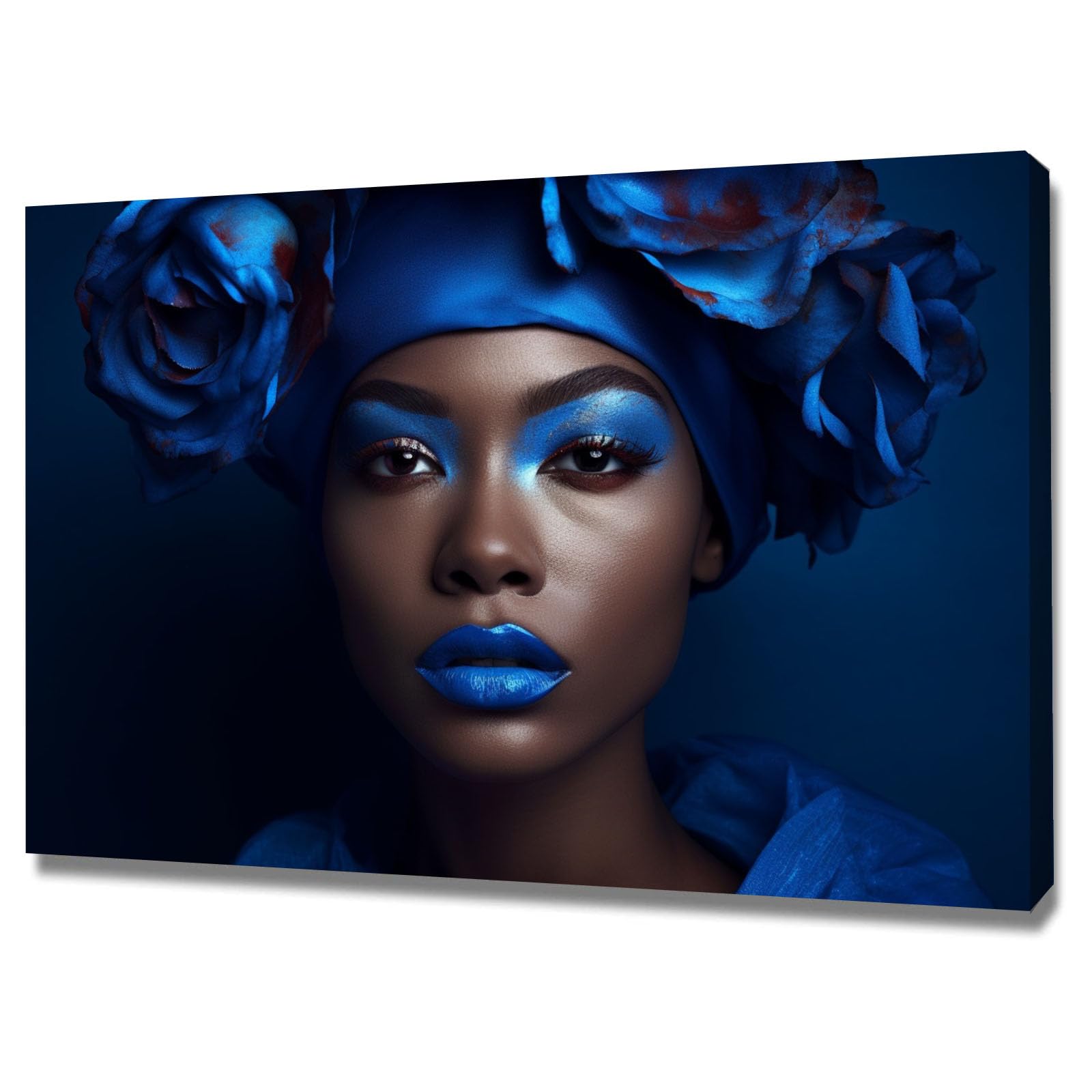 TERUEA Abstract Girl Painting Prints Woman Canvas Pictures Woman With Blue Floral Headwrap And Bold Lip Portrait Retro Painting Bathroom Wall Decor,(Blue)-70x100cm Framed