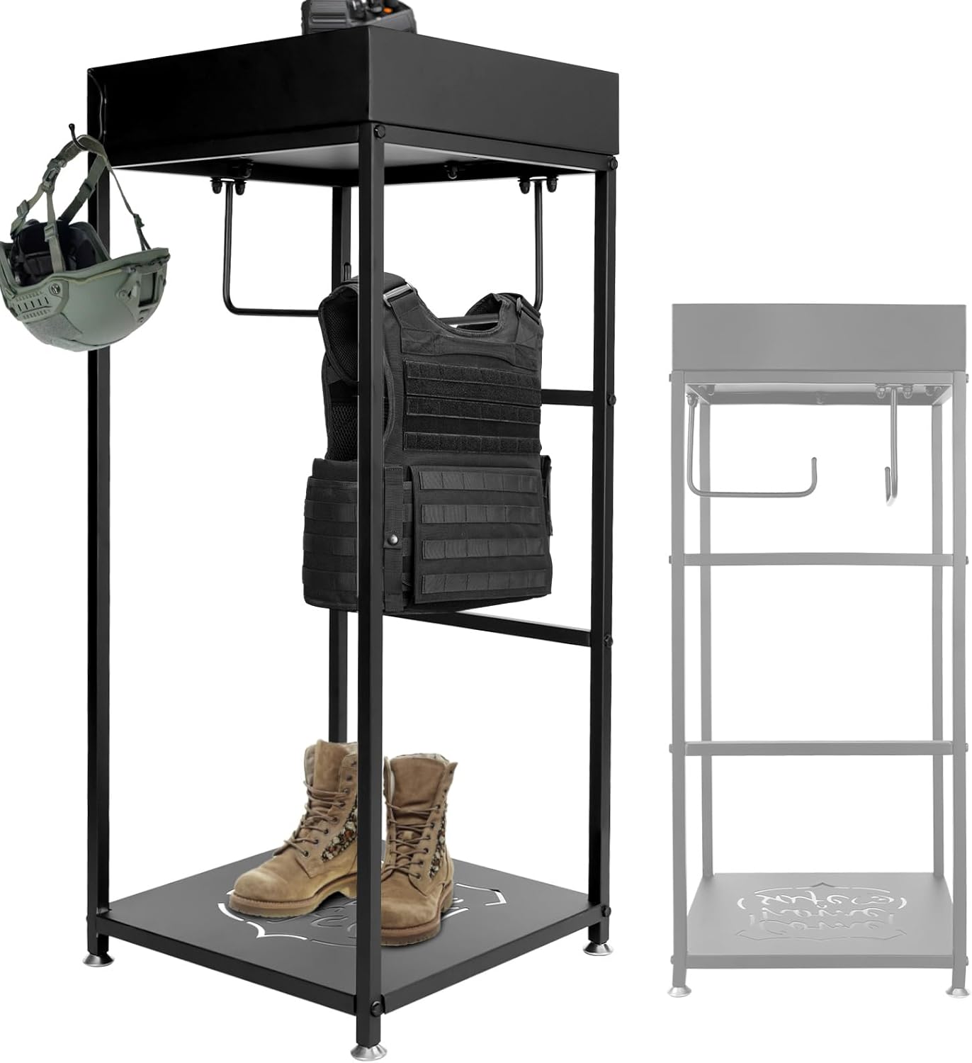 Heavy-Duty Police Tactical Gear Rack - All-Iron Frame with 3 Hooks, 280LBS Capacity for Body Armor & Duty Gear, 18x18x43in Free-Standing Organizer for Home Office Safety Police Offices