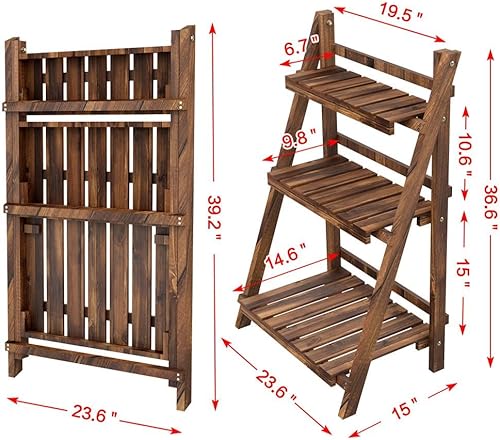 Miniatura 3 de Yaheetech Soporte plegable de madera de abeto escalonado para plantas, estante de escalera, exhibición de macetas, estantes plegables, estantes