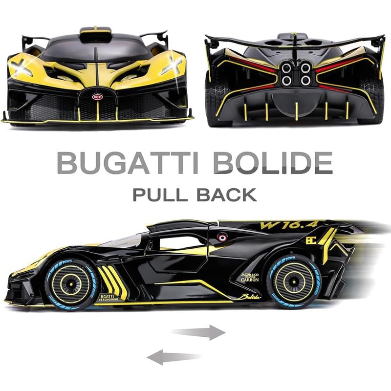 Image of Kids Model 1:24 Big Bugadi Bolide Die Cast Metal Car Pull Back Action Opening Doors with Realistic Engine Sound Lights Toy Car Gift for Boys - Yellow