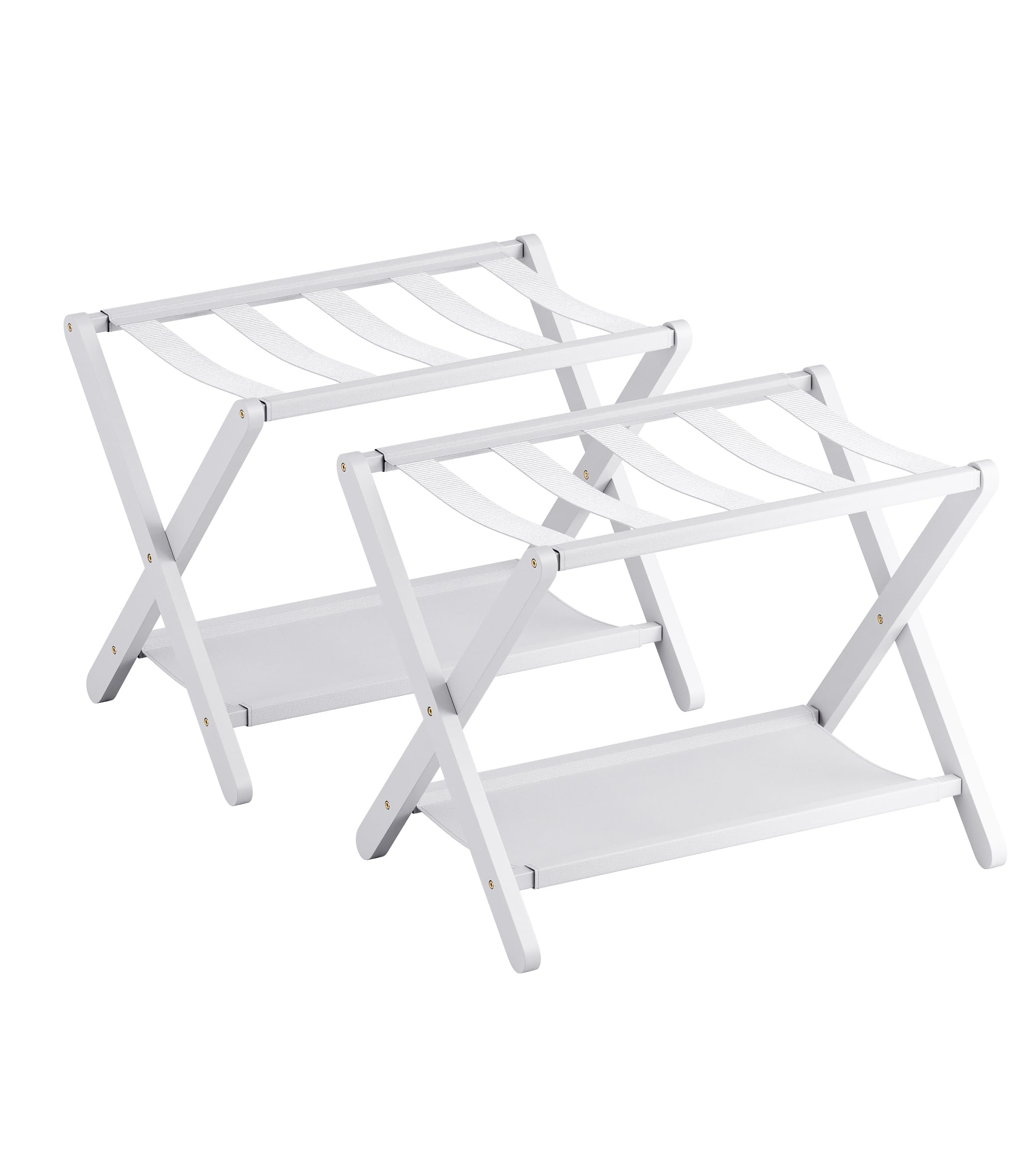 Portaequipajes, Juego de 2, Soporte plegable para maletas con estante de almacenamiento, Portaequipajes de bambú premium para habitación de invitados, hotel, Soporta hasta 61 kg (Blanco)