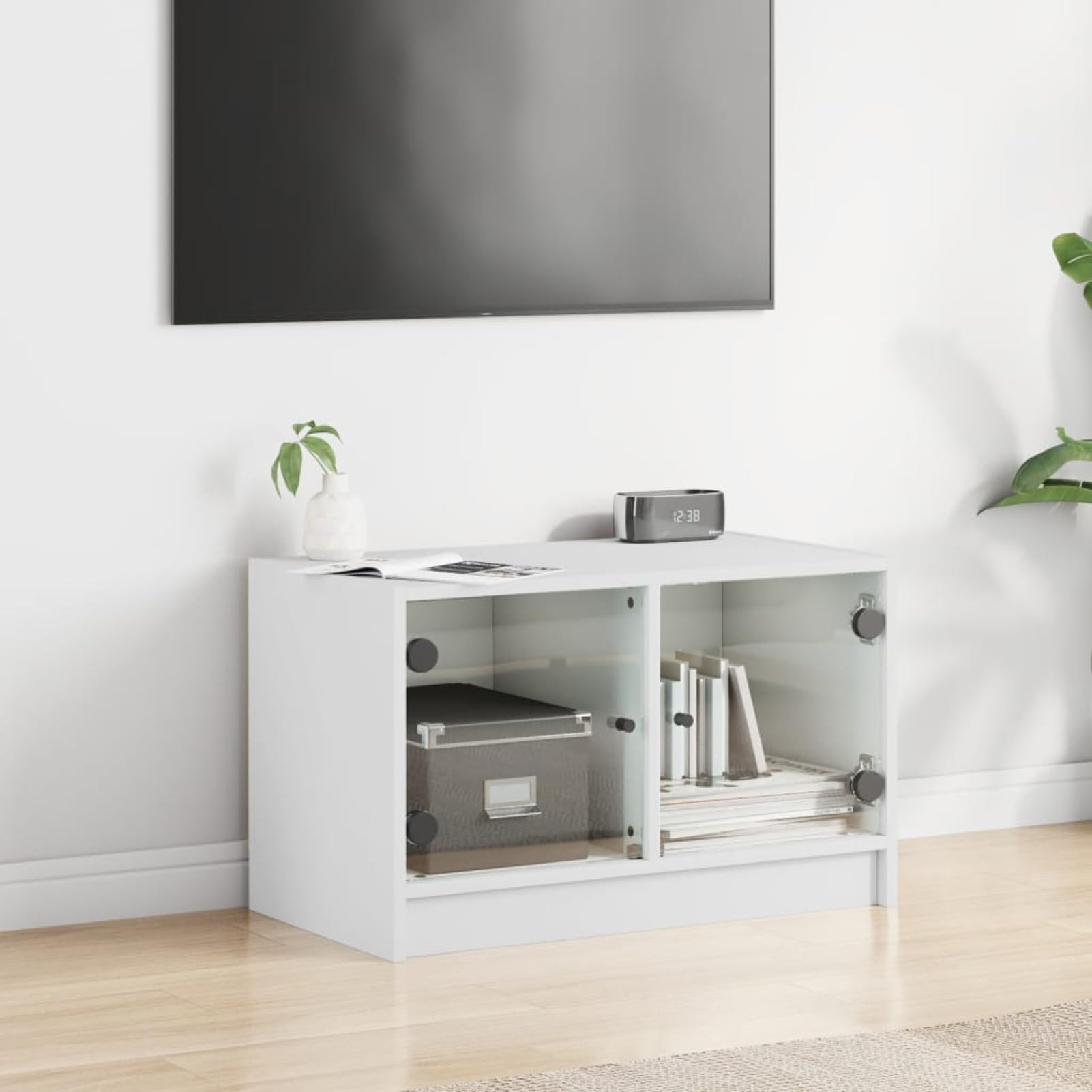 Szafka pod telewizor z białymi szklanymi drzwiami 68x37x42 cm, szafka pod telewizor, stolik kawowy do salonu szafka pod telewizor, stolik kawowy LED kolory