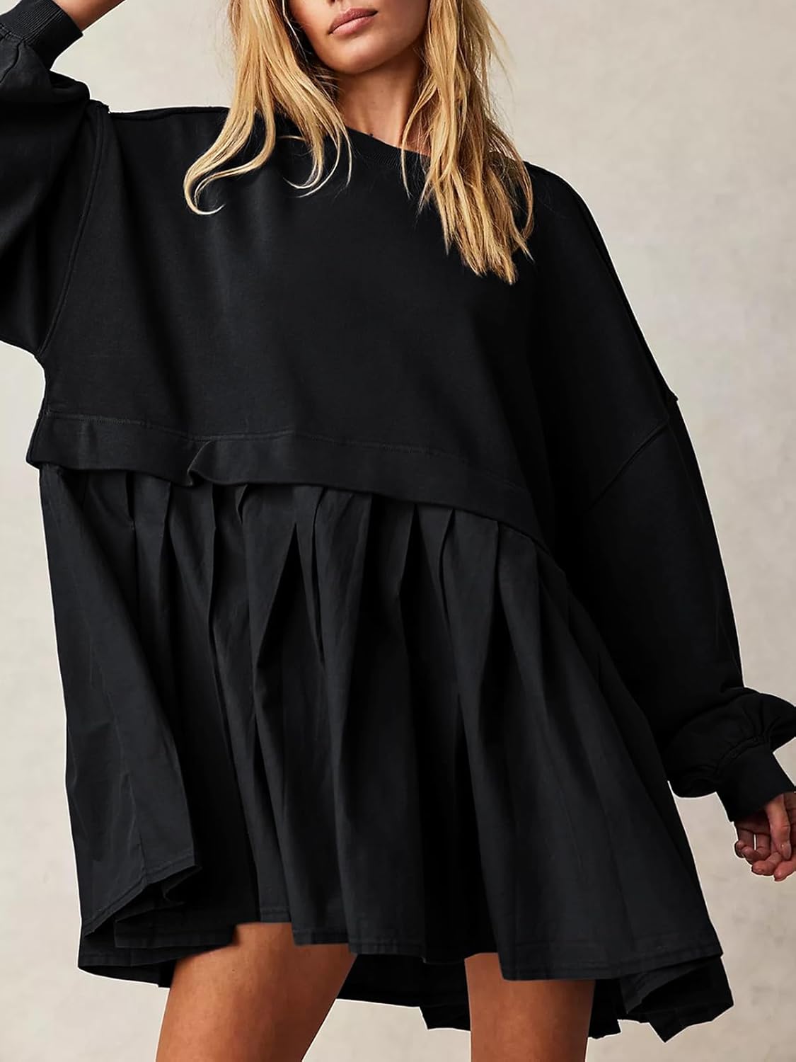 Dokuritu Sweatshirt Dress Women Crew Neck Long Sleeve Patchwork Pullover Tops Flowy Oversized Sweatshirt Mini Dress - Image 3